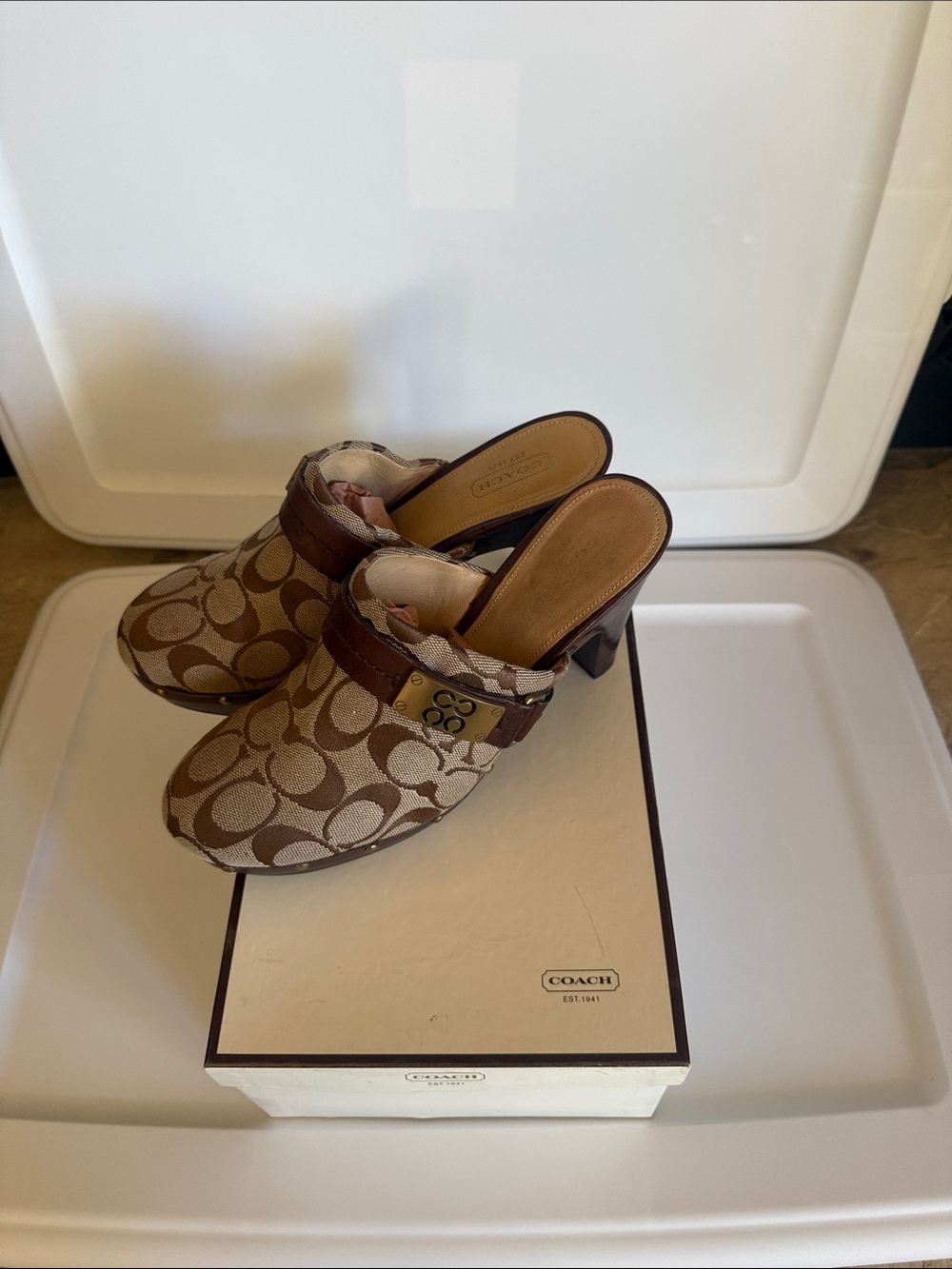 Coach Designer Ivy Vintage Studded Signature C Monogram Canvas Clog Mules Heel 7 - Picture 4 of 11